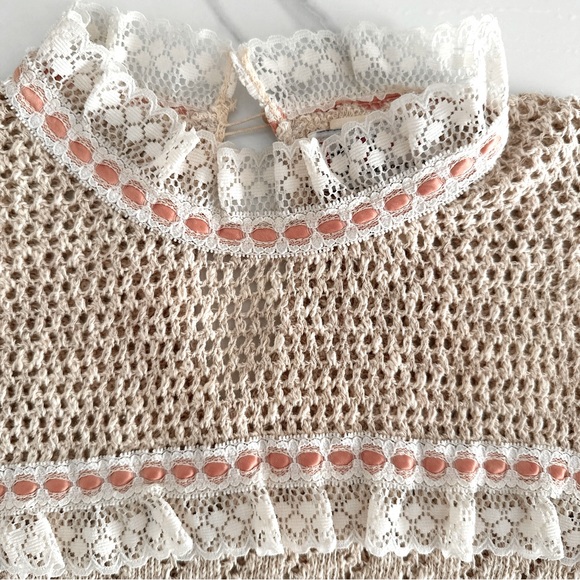 Vintage 70s Cotton Crochet Sweater 10 Lace Ribbon - Picture 3 of 7